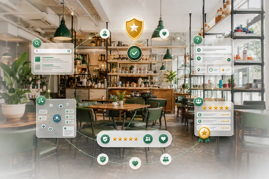 Illustration showing search, answer engines, generative AI and trust signals working together to recommend a local business.