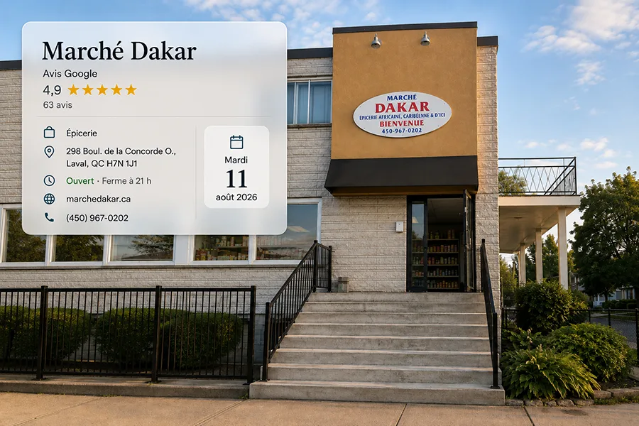 Storefront of Marché Dakar in Laval with a card showing its Google rating of 4.9 from 63 reviews
